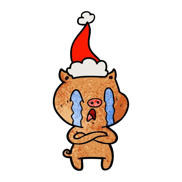 Dessin animé texturé de porc pleurant d'un chapeau de Père Noël — Image vectorielle