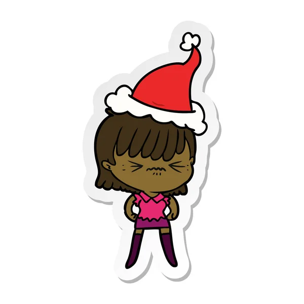 Genervt Handgezeichnete Aufkleber Karikatur Eines Mädchens Mit Weihnachtsmütze — Stockvektor
