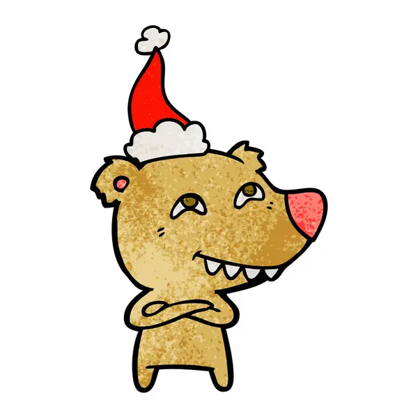 Texturierte Karikatur eines Bären, der Zähne mit Weihnachtsmütze zeigt — Stockvektor