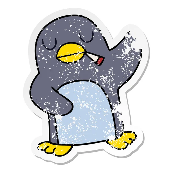 Nödställda Klistermärke Udda Hand Dras Tecknad Pingvin — Stock vektor