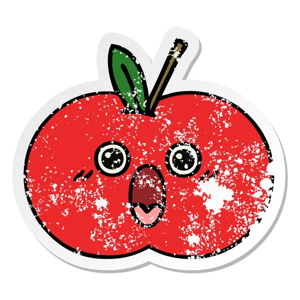Etiqueta angustiada de uma maçã vermelha bonito desenho animado — Vetor de Stock