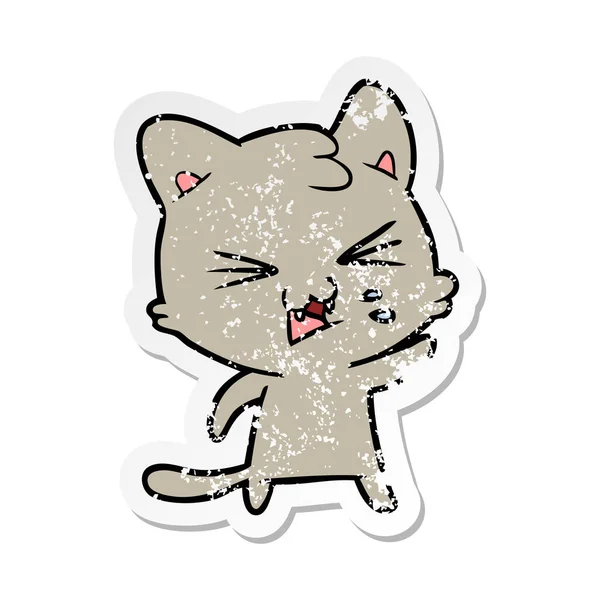 Adesivo angosciato di un gatto sibilante cartone animato — Vettoriale Stock