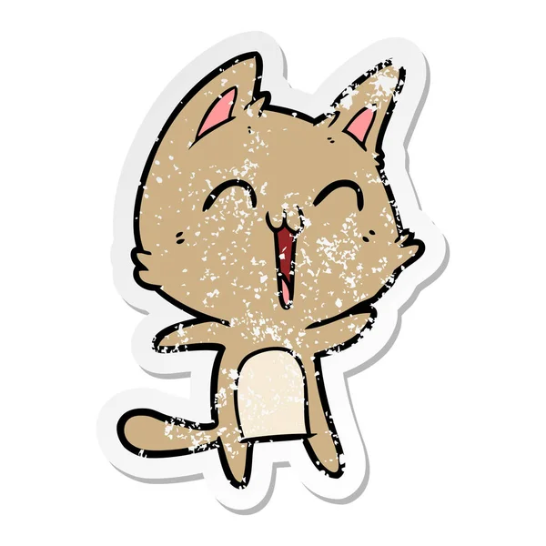 Verontruste sticker van een happy cartoon kat — Stockvector