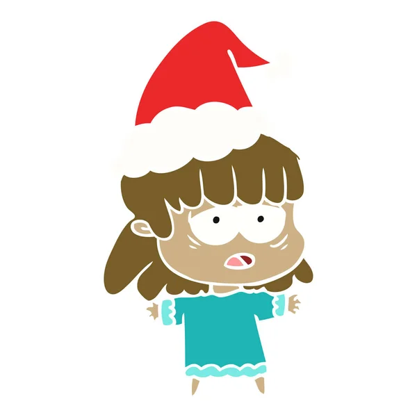 Hand Drawn Flat Color Illustration Tired Woman Wearing Santa Hat — Stock Vector