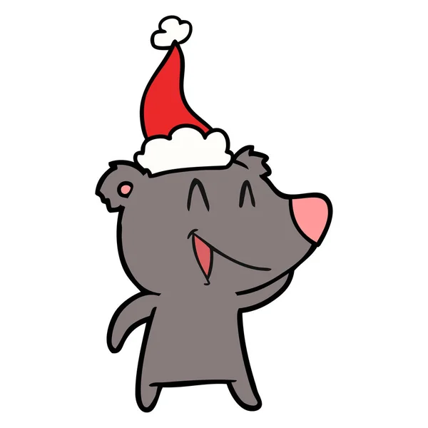 Śmiejąc Się Niedźwiedź Ręcznie Rysowane Rysowania Linii Noszenie Czapki Santa — Wektor stockowy