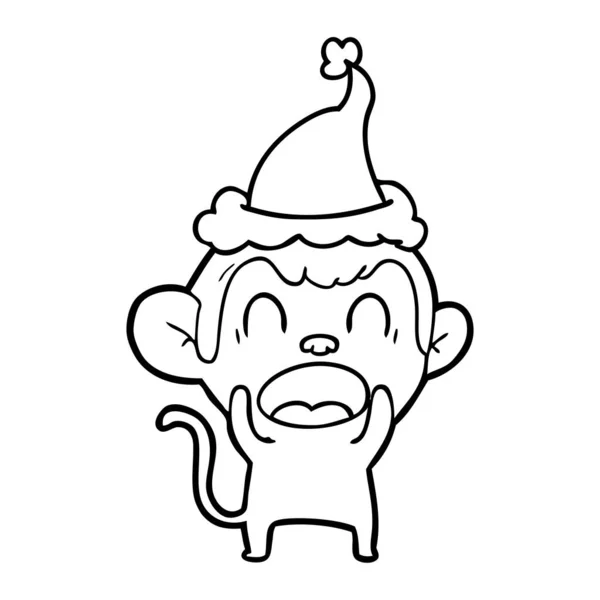 Shouting Hand Drawn Line Drawing Monkey Wearing Santa Hat — Stock Vector