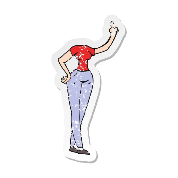 Autocollant en détresse rétro d'un corps féminin dessin animé avec ha élevé — Image vectorielle
