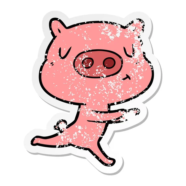 Verontruste sticker van een cartoon inhoud varken uitgevoerd — Stockvector