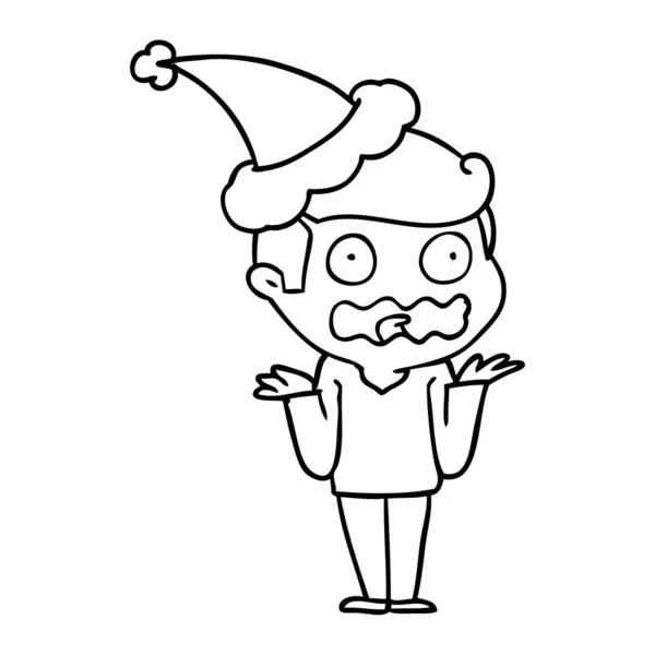 Dessin au trait d'un homme totalement stressé portant un chapeau de Père Noël — Image vectorielle