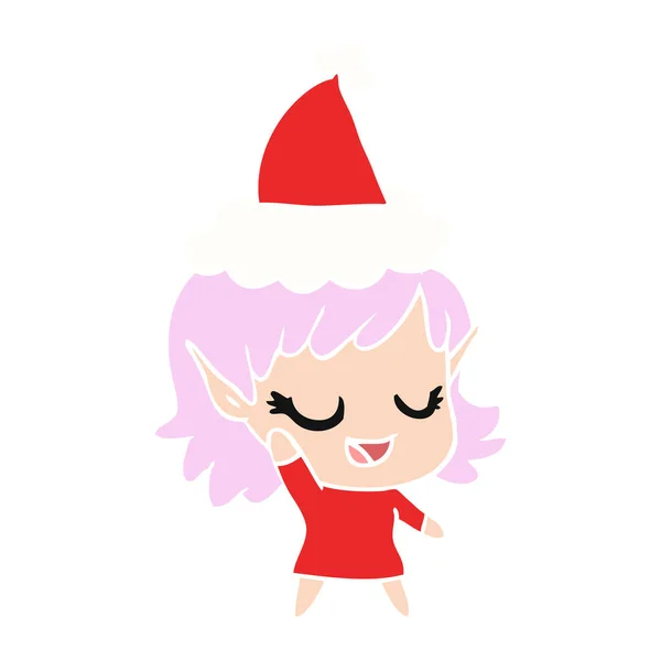 Ilustración a color plano feliz de una chica elfa con sombrero de santa — Vector de stock