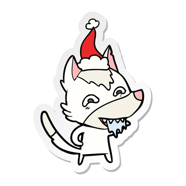 Handgezeichnete Sticker Karikatur Eines Hungrigen Wolfes Mit Weihnachtsmütze — Stockvektor