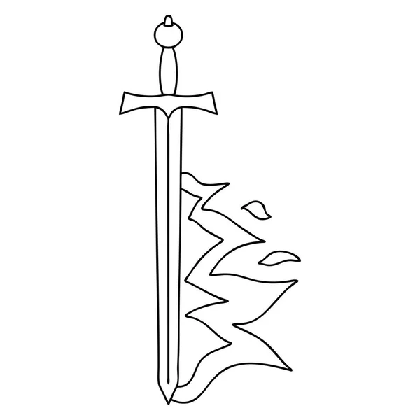 Linienzeichnung Skurrile Karikatur Flammendes Schwert — Stockvektor