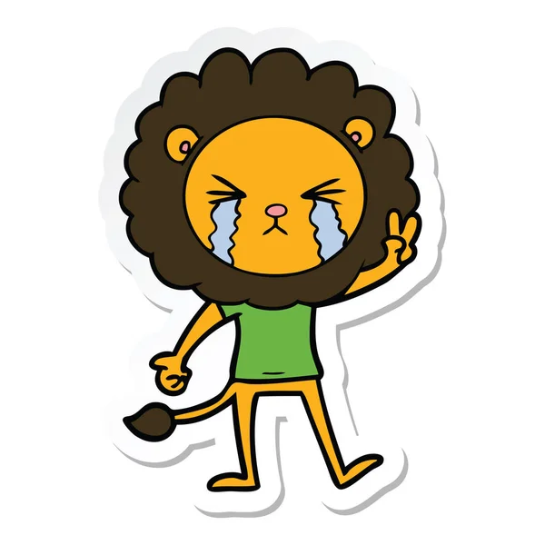 Sticker Cartoon Crying Lion Giving Peace Sign — Stock Vector