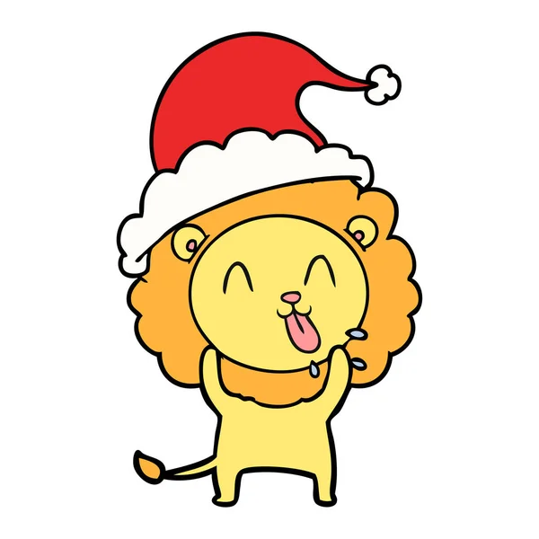 Dibujo de línea feliz de un león con sombrero de santa — Vector de stock