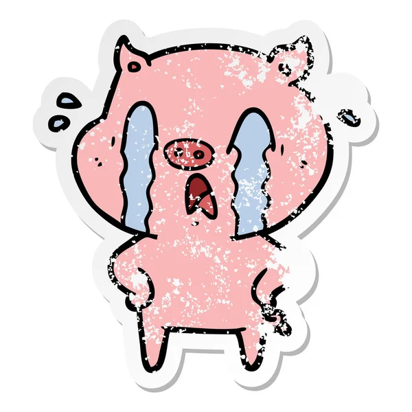 Verontruste sticker van een huilende pig-tekenfilm — Stockvector