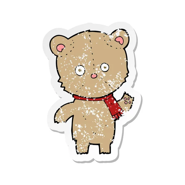 Adesivo angustiado retro de um urso de pelúcia acenando desenhos animados — Vetor de Stock
