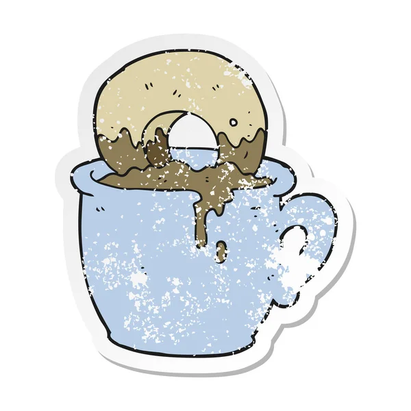 Retro distressed nálepka kreslený kobliha vykoupal v kávě — Stockový vektor