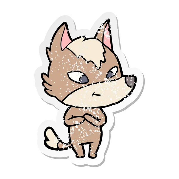 Verontruste sticker van een vriendelijke cartoon wolf — Stockvector