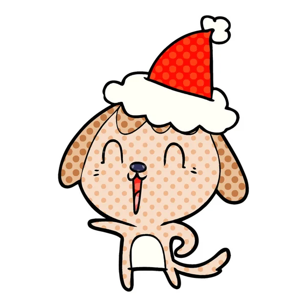 Bonito Mão Desenhado Quadrinhos Estilo Ilustração Cão Vestindo Chapéu Santa — Vetor de Stock