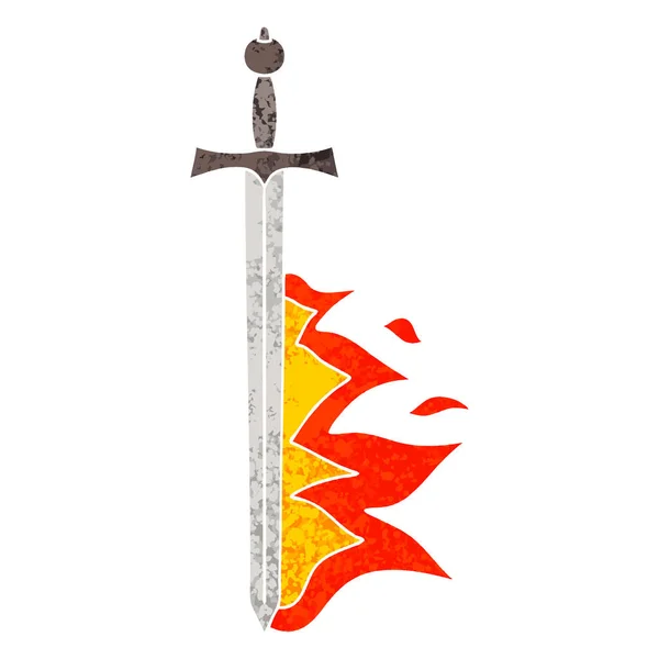 Retro Illustration Style Quirky Cartoon Flaming Sword — Stock Vector