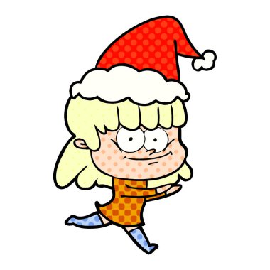 Noel Baba şapkası giyen bir gülümseyen kadın çizgi roman tarzı çizimi el çekilmiş