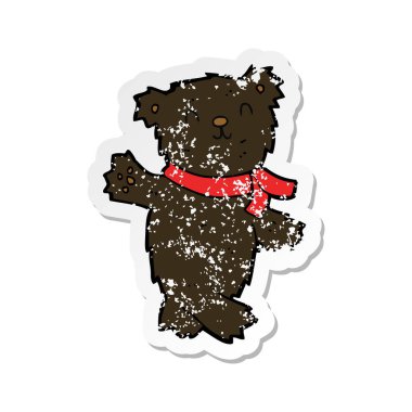 Retro sıkıntılı etiket siyah ayıcık sallayarak bir karikatür