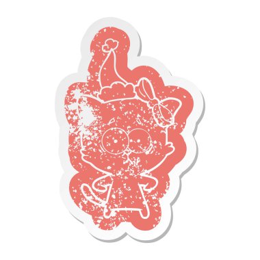 Noel Baba şapkası giyen bir kedinin ilginç karikatür sıkıntılı etiket