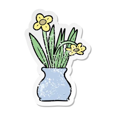 bir çizgi film çiçek tencerede sıkıntılı etiket