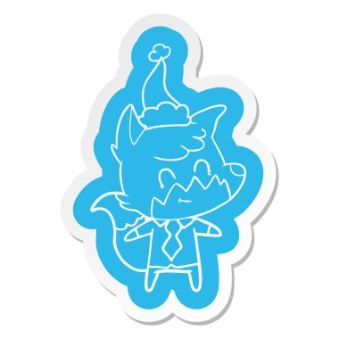 Noel Baba şapkası giyen dostu tilki çizgi film etiketi