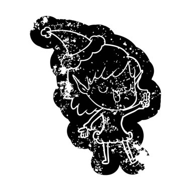 Noel Baba şapkası giyen bir elf kızın ilginç karikatür sıkıntılı simgesi