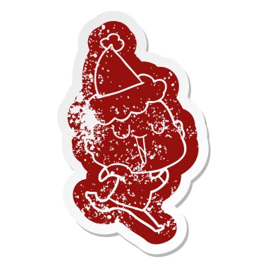 Noel Baba şapkası giyen kel bir adamın mutlu karikatür sıkıntılı etiket