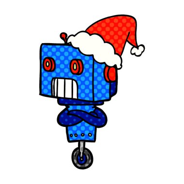 çizgi roman tarzı illüstrasyon Noel Baba şapkası giyen bir robot el çekilmiş