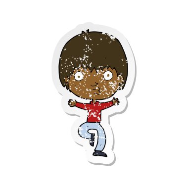 Retro sıkıntılı etiket bir çizgi film heyecanlı çocuk