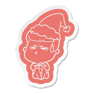 giyen Noel Baba şapkası terleme bir adamın ilginç çizgi film etiketi