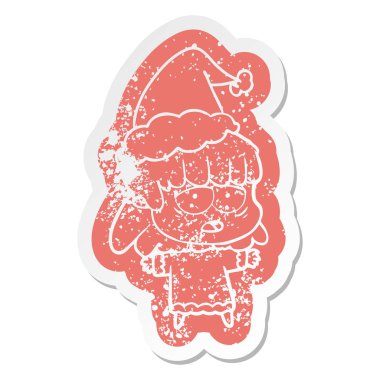 Noel Baba şapkası giyen bir yorgun kadın ilginç karikatür sıkıntılı etiket