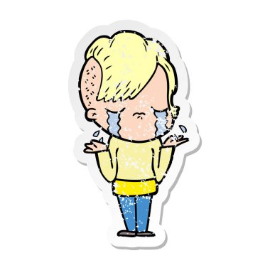 bir çizgi film ağlayan kızın sıkıntılı etiket