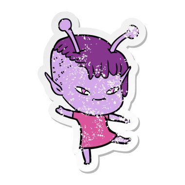 bir sevimli çizgi uzaylı kızın sıkıntılı etiket