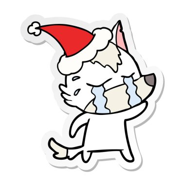 etiket karikatür Noel Baba şapkası giyen ağlayan kurt