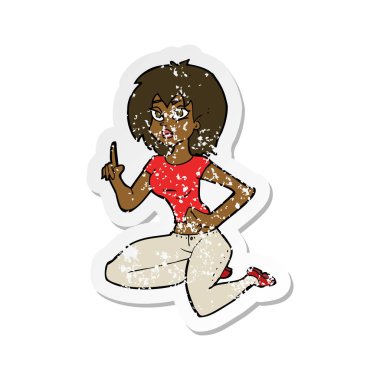 Retro sıkıntılı etiket olan fikir bir karikatür oturan kadın