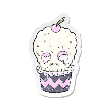 Retro sıkıntılı etiket ürkütücü kafatası cupcake karikatür