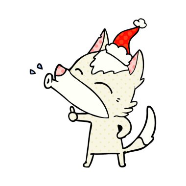 uluyan kurt çizgi roman tarzı çizimi giyen Noel Baba'nın ha