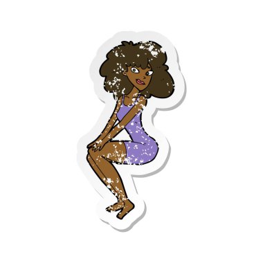 Retro sıkıntılı etiket içinde bir karikatür oturan kadın