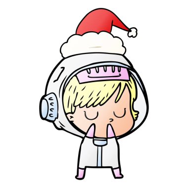 Noel Baba şapkası giyen bir astronot kadının degrade çizgi film