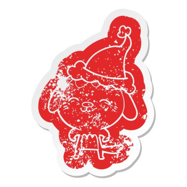 Noel Baba şapkası giyen bir köpek mutlu karikatür sıkıntılı etiket