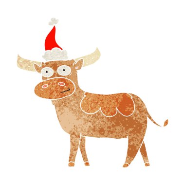 Noel Baba şapkası giyen boğa Retro çizgi film