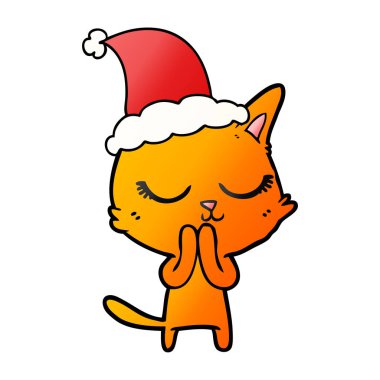 elle çizilmiş degrade çizgi film Noel Baba şapkası giyen bir kedi sakin