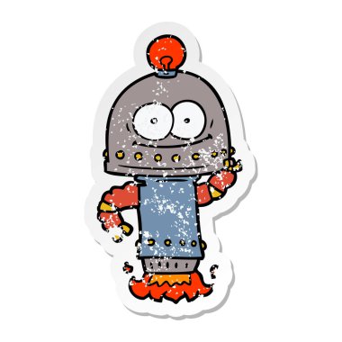 bir mutlu karton robot ampul ile sıkıntılı etiket