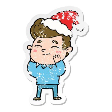 mutlu el sıkıntılı etiket karikatür Noel Baba şapkası giyen bir adamın çekilmiş
