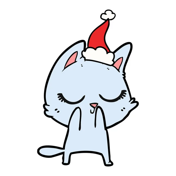Línea Dibujada Mano Calma Dibujo Gato Con Sombrero Santa — Archivo Imágenes Vectoriales