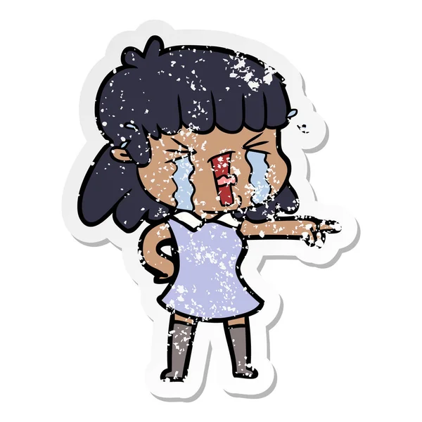 Distressed Sticker Cartoon Woman Crying — Stock Vector